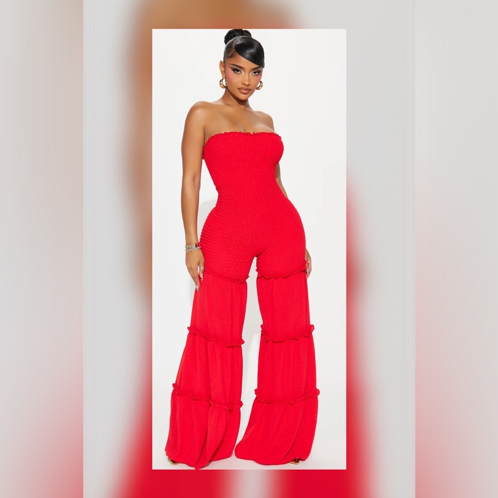 SOLD!Fashion Nova Strapless Red Jumpsuit